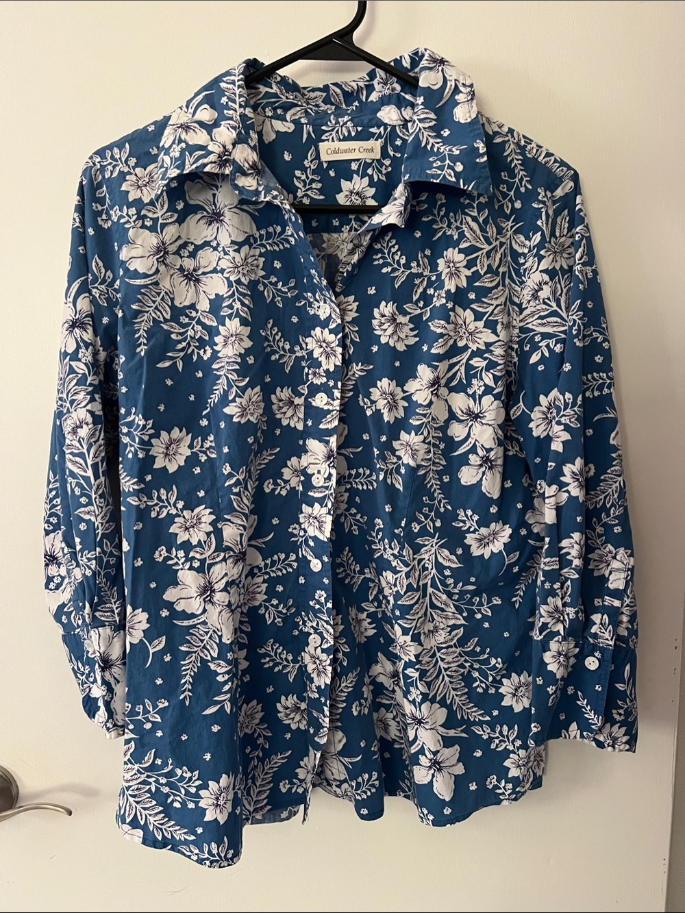 Coldwater Creek Royal Blue Floral Button-Down Shirt Women’s Large